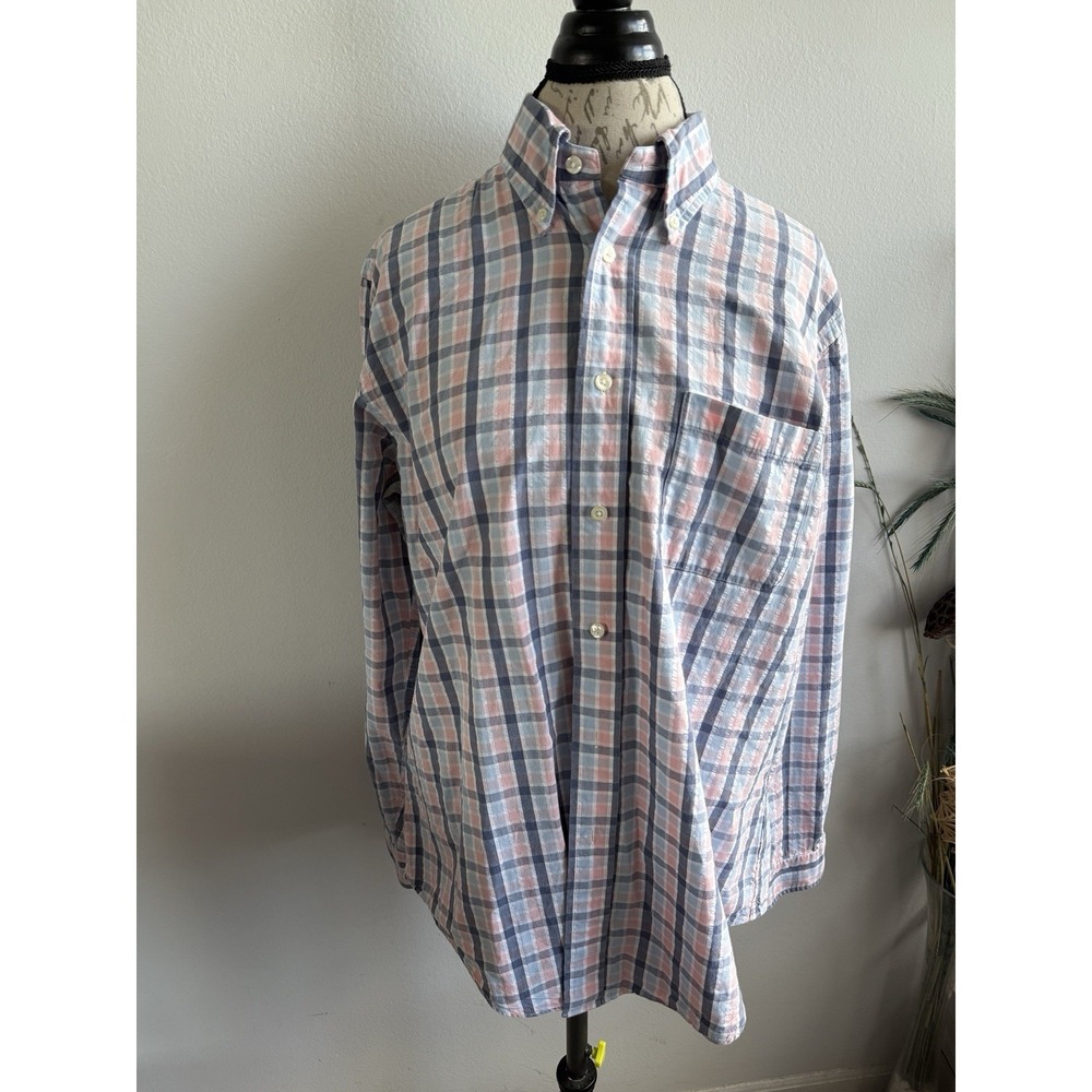 Brooks Brothers Shirt Men Large Blue Pink Regent Cotton Button Down Check Plaid